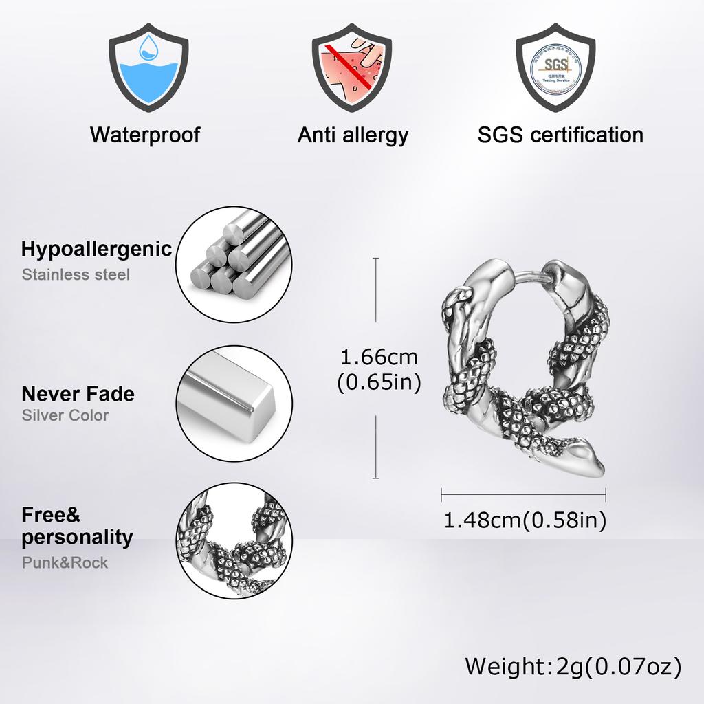 Punk Snake Hoop Earrings for Men,Vintage Waterproof Stainless Steel Sanke Earrings,Gothic Ear Jewelry Gift