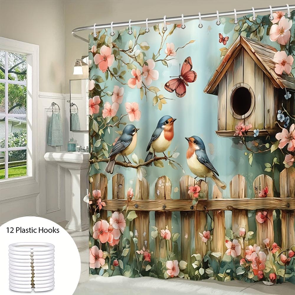 Charmante Gartenszene Duschvorhang - Vögel, Blumen & Vogelhaus; Wasserdichte Heimdekoration Bringt Die Schönheit Der Natur In Ihr Badezimmer.
