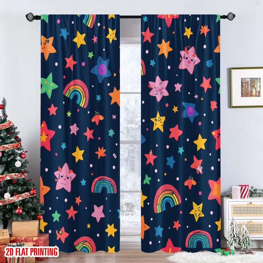 Set Of 2 Flat Printing Drapes Starry Sky Rainbow Digital Printed Polyester Festive Wall Decor Perfect Home Party Curtain