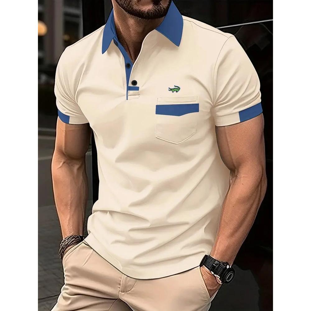 

2024 Весна/Лето Мужская рубашка поло с карманами и цветными блоками Спортивная рубашка поло