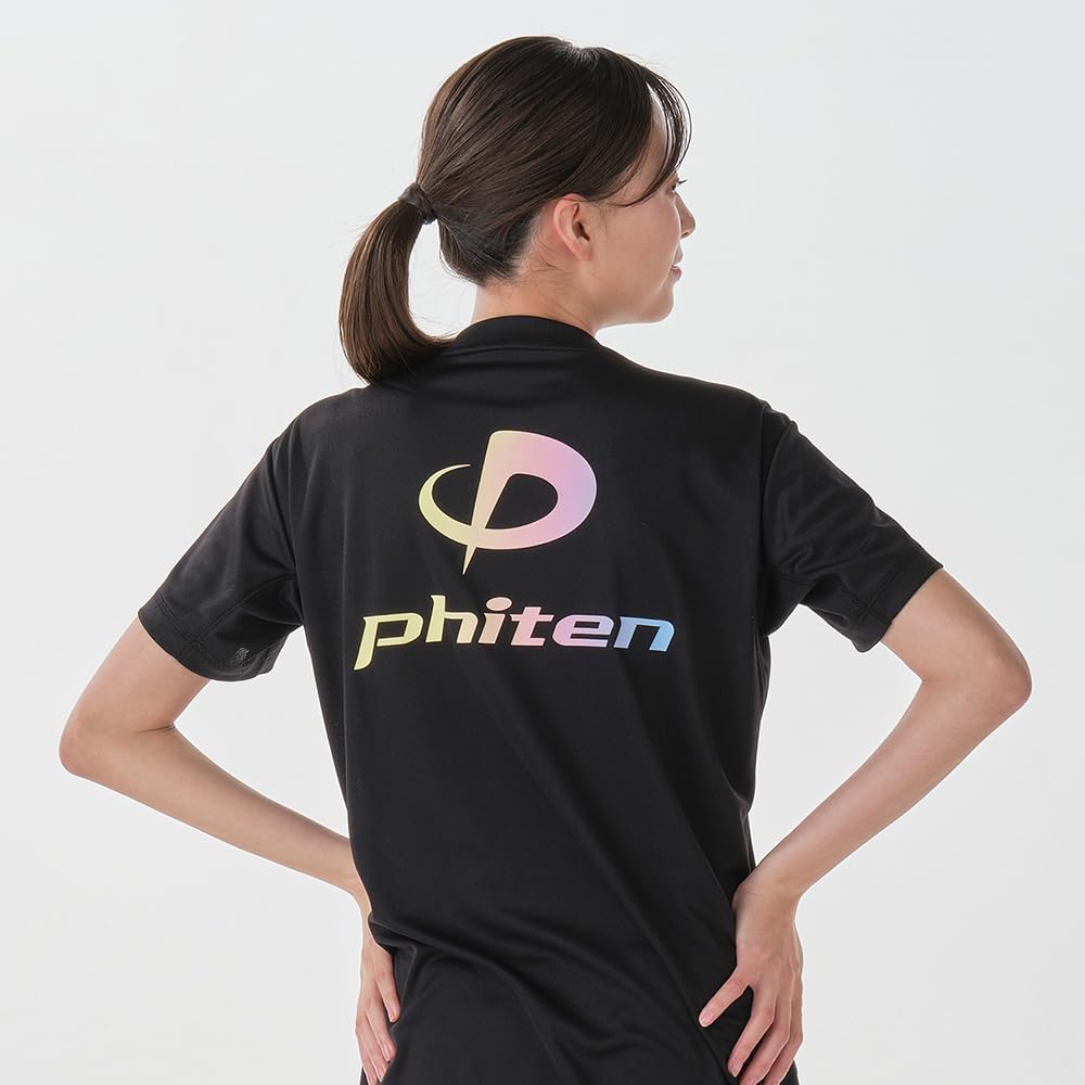 phiten RAKU Shirt, Short Sleeve, Black/Gradient (Yellow, Pink, Blue), Size O, Unisex, Sports, Club Activities, Logo, Exclusive Design