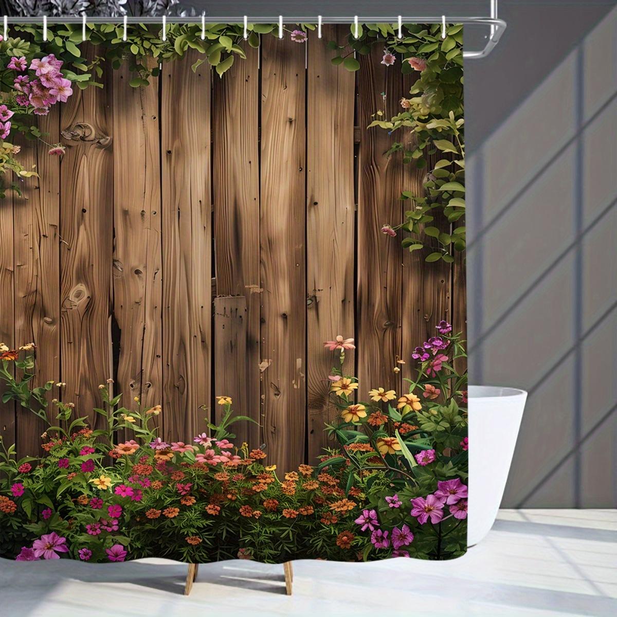 

1pc Wooden Fence with Colorful Flowers Curtain, Digital Print Polyester Shower Curtain, Durable Machine-Washable Fabric 90X180CM
