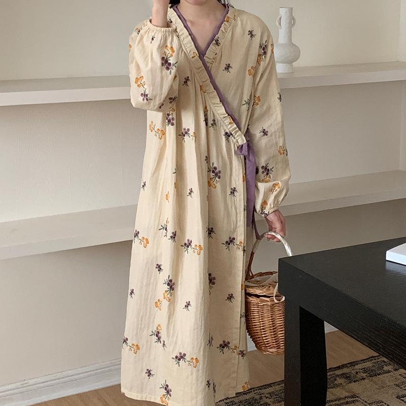 Women's Cloud Cotton Belted Pajama Dress - Cardigan Style, Stretchy, Breathable, One Size Fits All, Perfect for Casual Home Wear