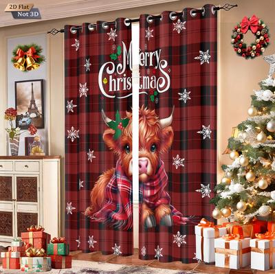 2 Christmas Checkered Highland Cattle Print Blackout Curtains Multiple Sizes Living Room Insulation Decoration Machine Washable