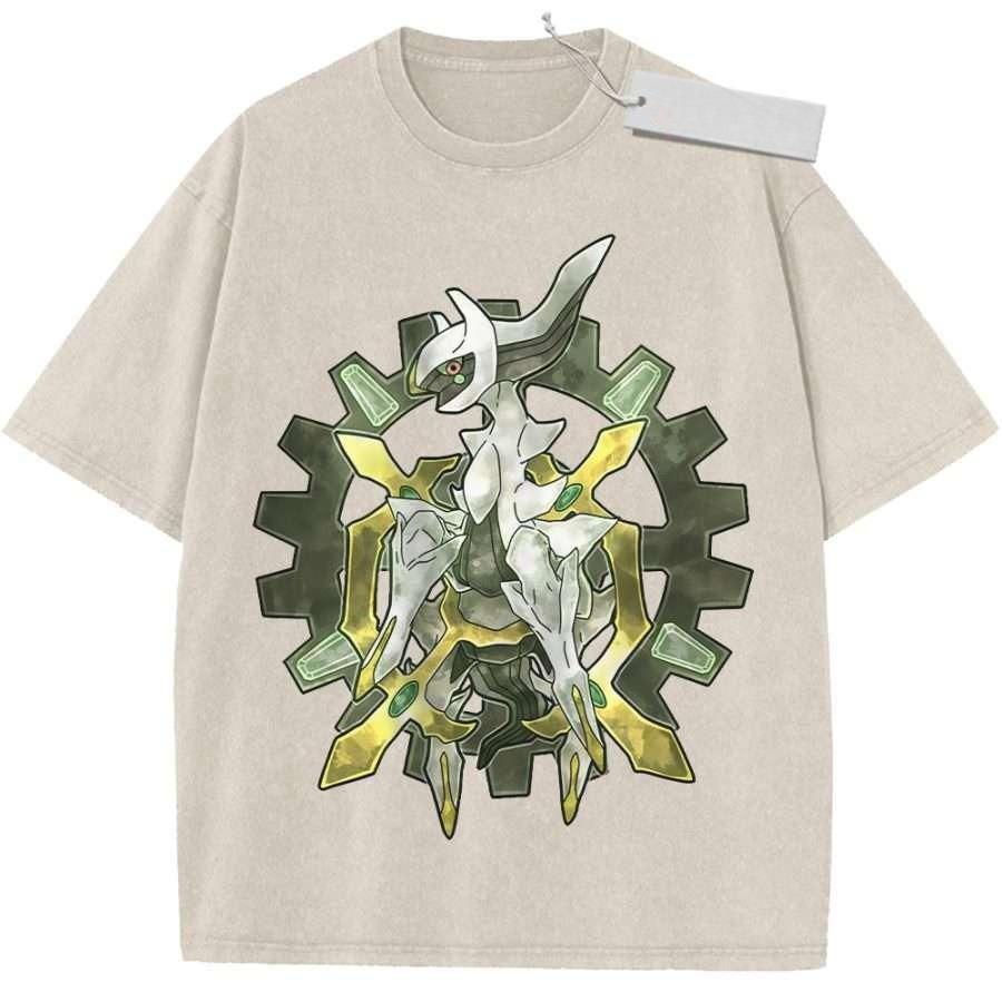 

Summer Mens Black Washed T Shirt Pokemon Arceus Gear Pattern High Quality Fabric for Casual Shopping M