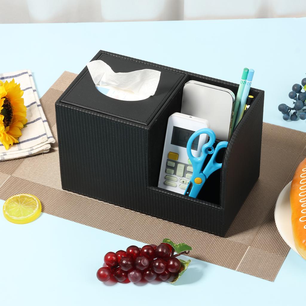 PU Leather Tissue Box Cover with Remote Holder Multifunctional Tissue Box Decorative Tissue Pen Remote Organizer for Home/Office