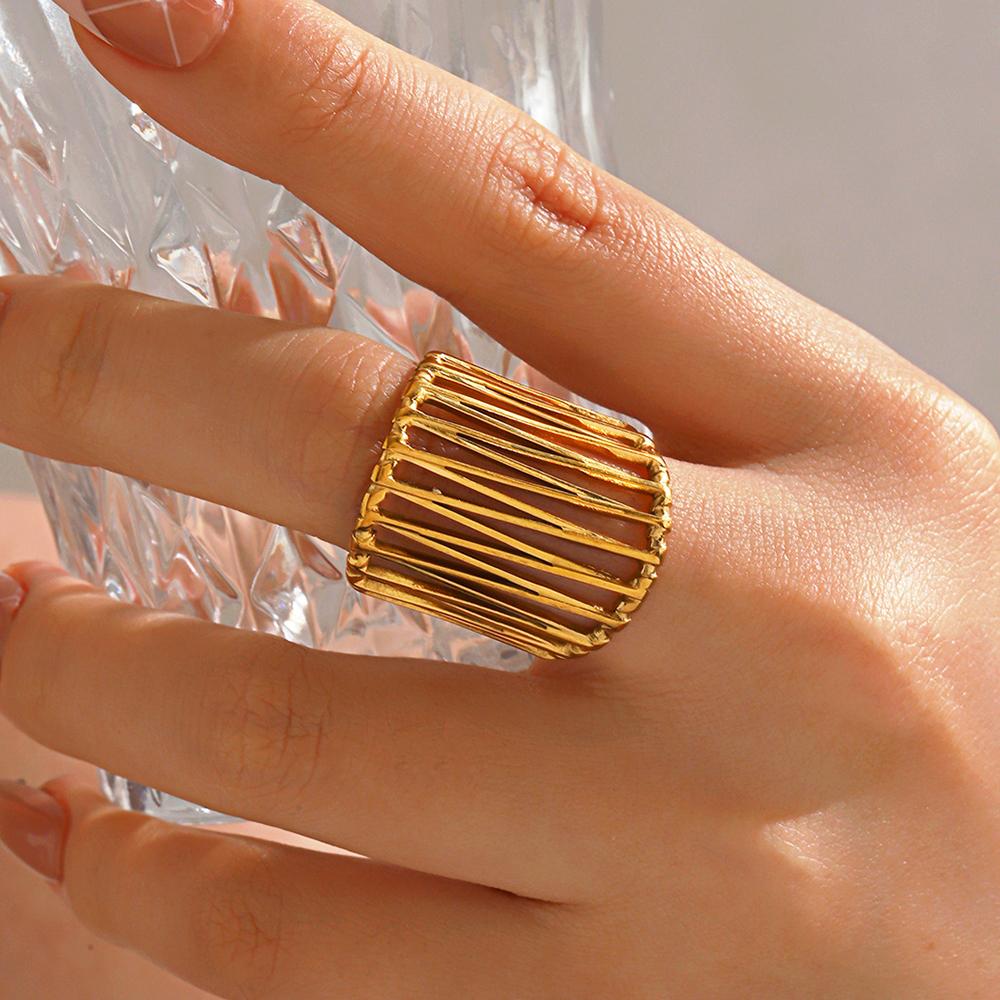 Stainless Steel Wide Ring Exaggerated Heavy Lines Personalized Hollow Hip-Hop Opening Adjustable Waterproof Ring Women's Jewelry
