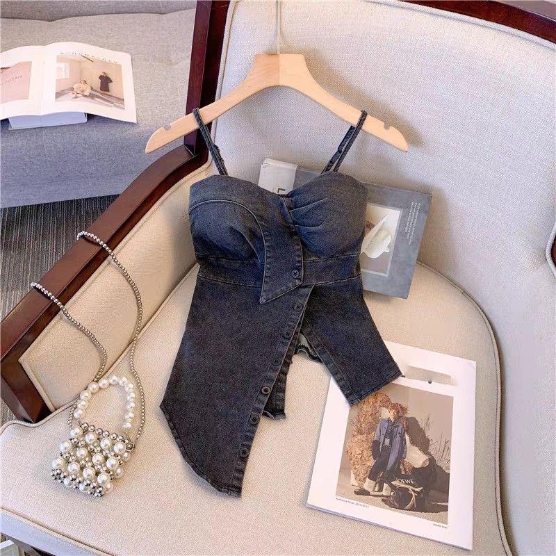 Sleeveless Denim Tops Sexy Women Summer Jeans Tanks Crop Top Removable Strapless Cowboy Bustier Corset