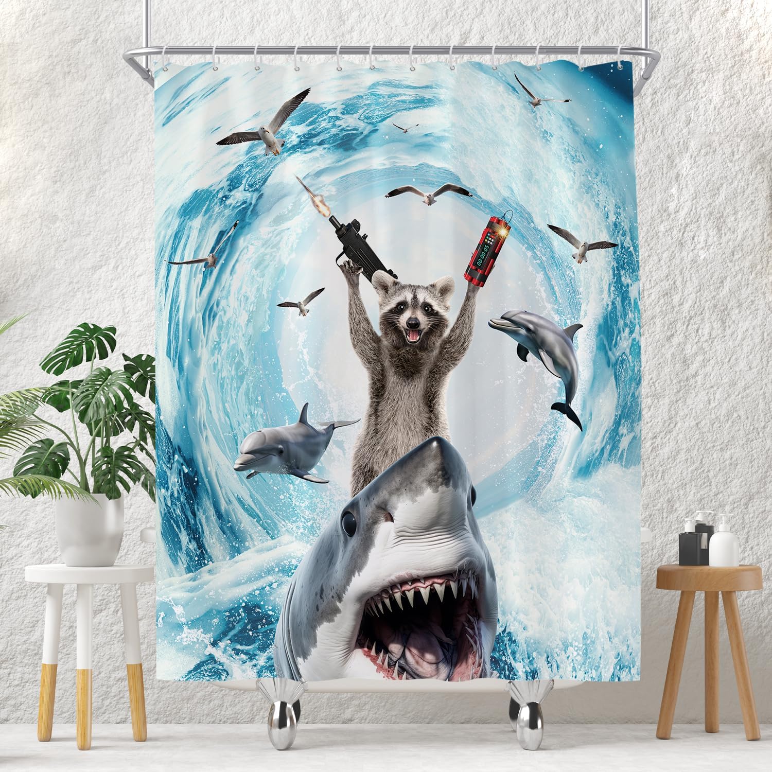 

Funny Raccoon Riding Shark With Gun Pattern Waterproof Shower Curtain 180X200Cm - Humorous Animal Print Bath Curtain Home Decor W60H190(CM)-1 Pcs