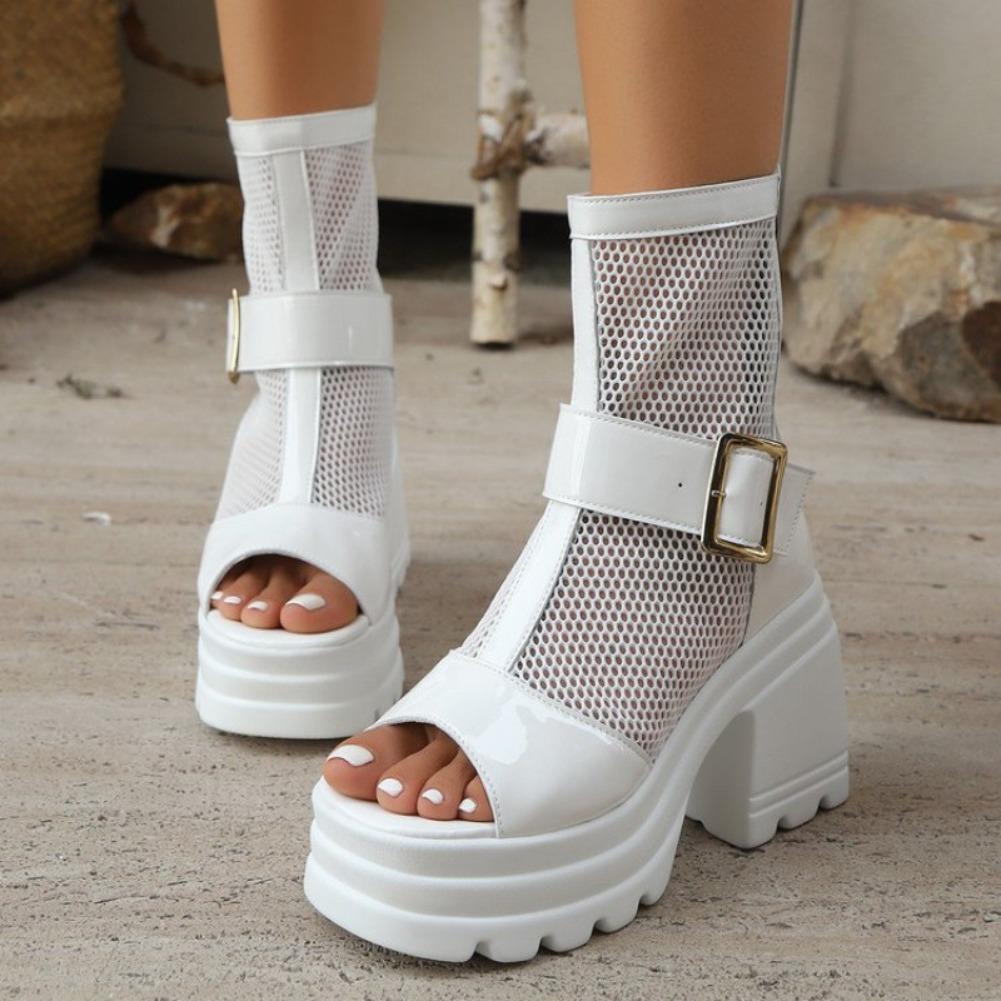 Fashion Chunky Heel Sandals Summer New Round Head Open Toe Splicing Mesh Metal Buckle Back Zipper Waterproof Platform High Heels