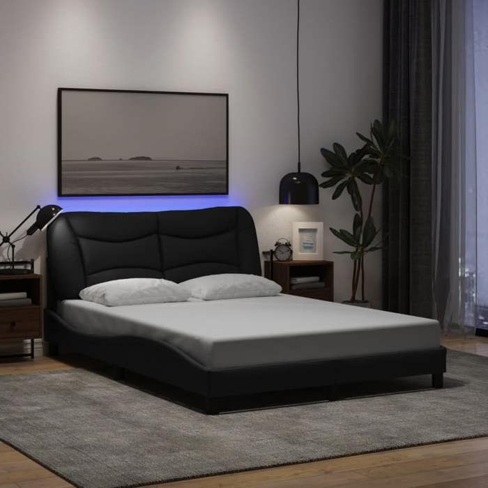 VidaXL Cadre de Lit avec Lumières LED, Lit Double avec Coussin de Tête de Lit, Lit Adulte, Meuble de Chambre, Moderne, Noir 3213706