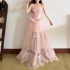 2026 European and American New Water Gloss Yarn Lace Jacquard Splicing Long Neck Yarn Dress Printed Fairy Skirt