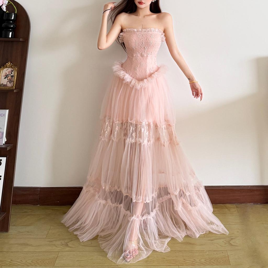 2026 European and American New Water Gloss Yarn Lace Jacquard Splicing Long Neck Yarn Dress Printed Fairy Skirt