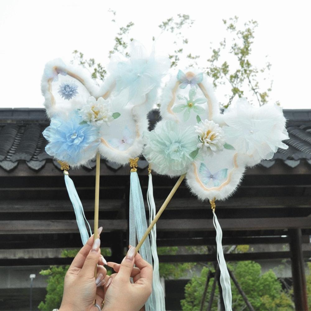 Decorative Fluffy Butterfly Handheld Fan Chinese Style Ancient Embroidered Fan Handmade with Tassel Fairy Fan Dance Performance