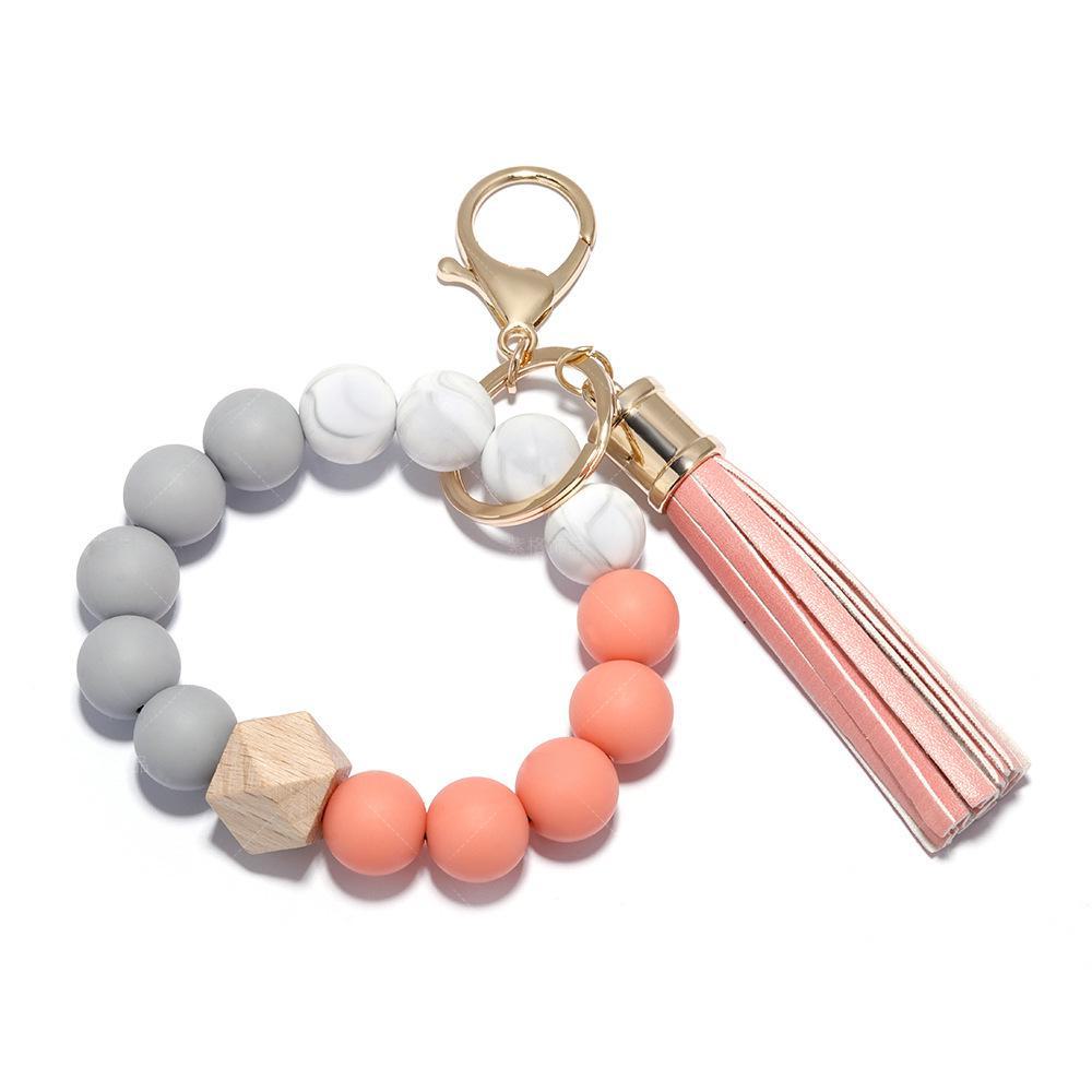 Elegant Silicone Bead Keychain Bracelet with Leather Tassel - Women's European and American Style