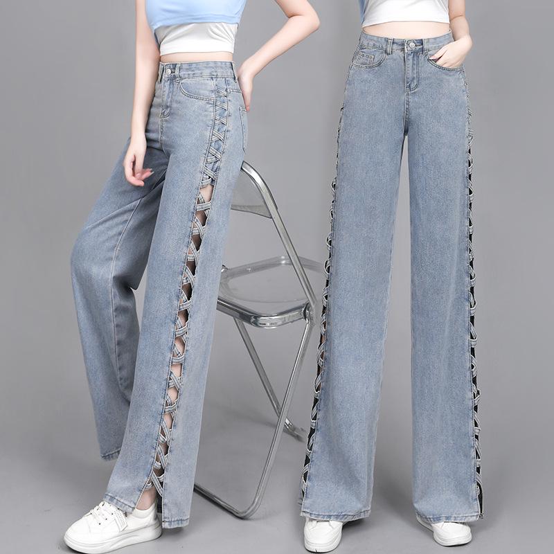 Women's Light Blue Summer Jeans - Stylish Design, Side Hollow, Straight Wide Leg