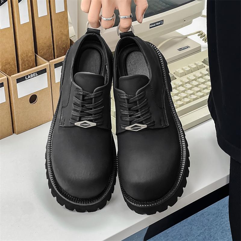 Platform Mickey Derby Shoes Men's Taller Casual Round Head Carbon Black Big Head Men's Leather Shoes Daily Commuter 1029-K