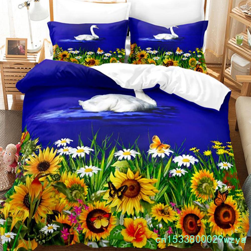 Swan Rose Queen Bedding Set Duvet Cover Set Bedding Digital Printing Bed Linen King Size Duvet Cover Set Bedding Set