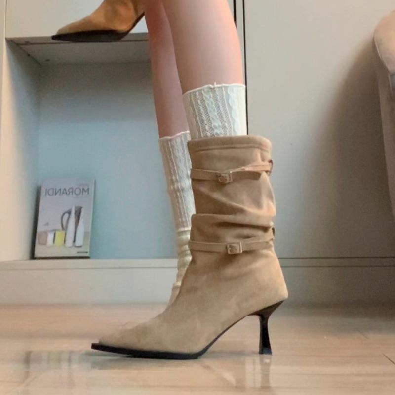 Temperament version~ pointed temperament retro pleated piled boots thin heel western boots high heel short boots women's thin boots