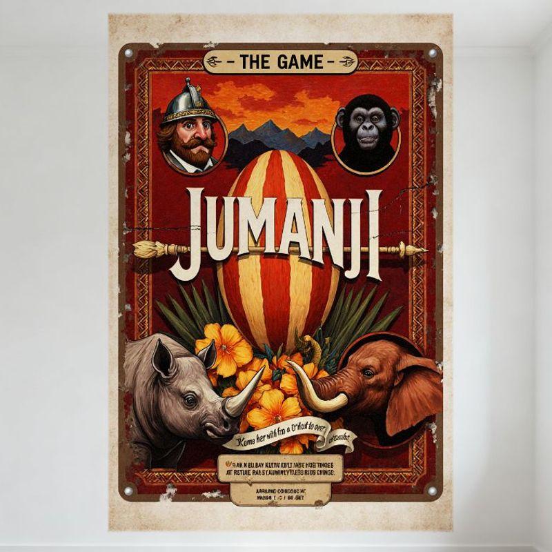 

Vintage Jumanji Movie Poster Metal Tin Sign, Medieval Helmet Man, Chimpanzee, Hot Air Balloon, Rhinoceros & Elephant Wall Decor 20x30cm（7.8x11.8inch）