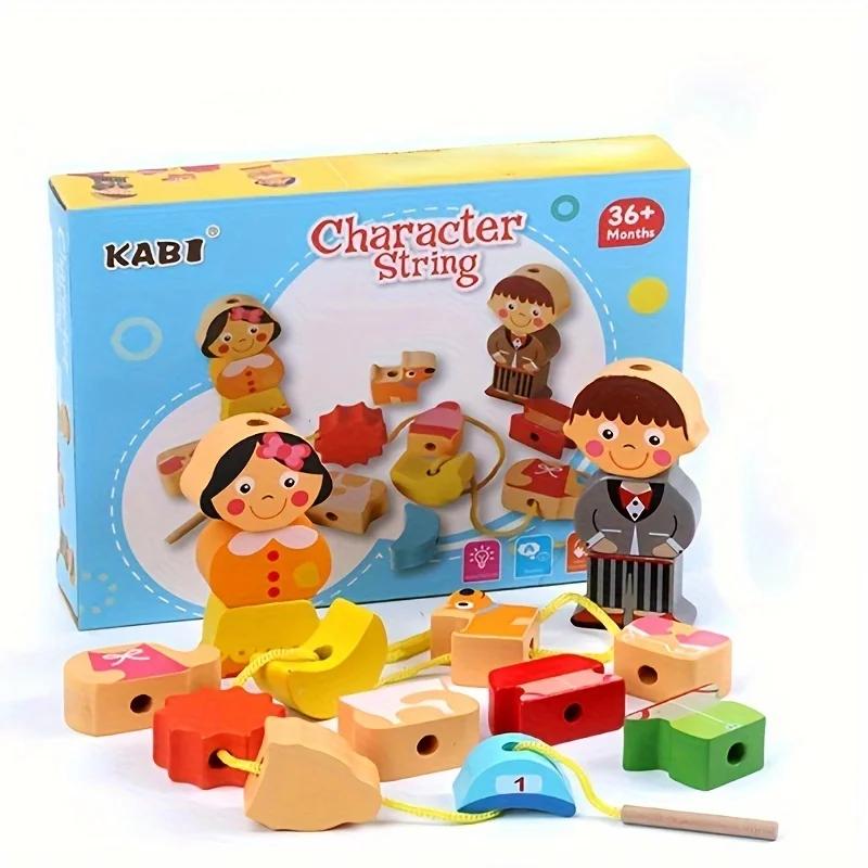 

Детская Монтессори деревянная шнуровка, сделай сам деревянные бусины для детей, мультяшные животные, буквы, цифровые бусины, игрушки для нанизывания