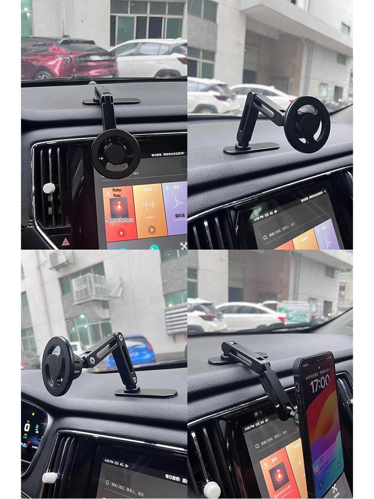 Magnetic Car Phone Holder with Long Base, Curved Dashboard Design, and Foldable Metal Stand