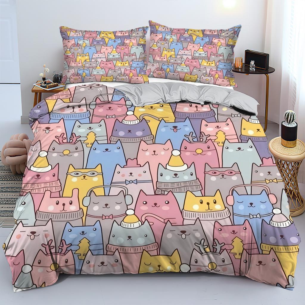 Cartoon Cats 3D Printed Bedding Cover Cute Animal Theme Duvet Coverset  For Kids Teens Adults Polyester Quilt Cover Pillowcase