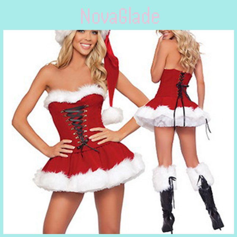 Elegant Red Velvet Sexy Women Christmas Fancy Dress Santa Claus Costume Outfit Hat