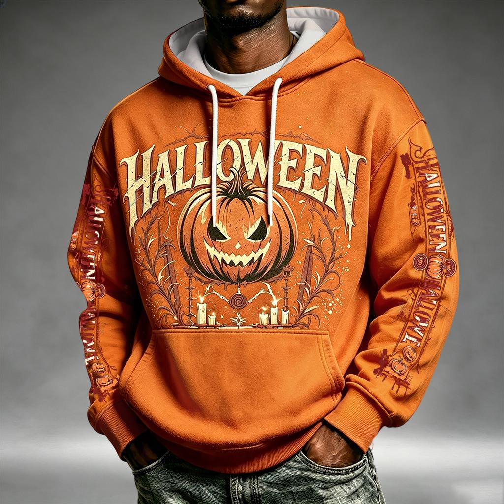 Men's Loose Fit Halloween Print Hoodie with Pocket and Drawstring for Casual Everyday Wear