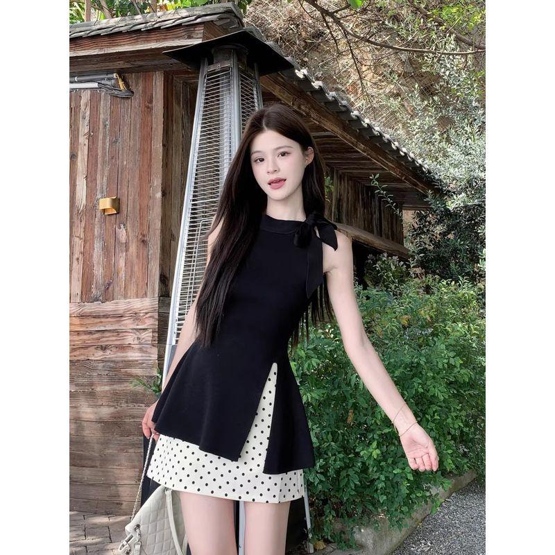 Kumikumi Fashion Set Split Bow Cami Women Summer Polka Dot Sheath Skirt Two-piece Set