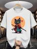 Japanese Samurai Black Cat Art Print Unisexs Short Sleeve Tee Crew Neck Oriental Cartoon Pattern Casual Outdoor Daily Comfort Top