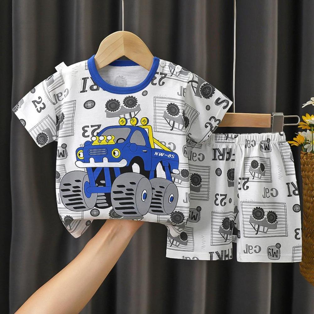 New Kids Boys Girls Summer Pajamas Cute Cartoon Print Short Sleeve T-Shirt Tops with Shorts Toddler Baby Clothing Sets