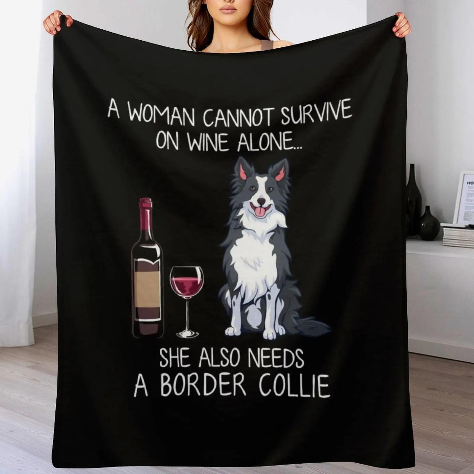 Border Collie and wine Funny dog Throw Blanket Warm Cozy Throw Blanket for Living Room Couch Size: 75*100cm, Weight: 230 GSM