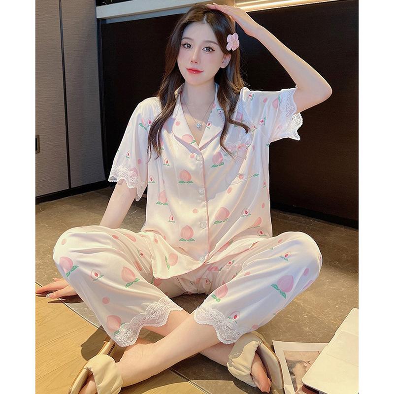 Peach Lace Pajamas Women'S Summer Ice Silky High-End Short-Sleeved Trousers Sweet Home Set
