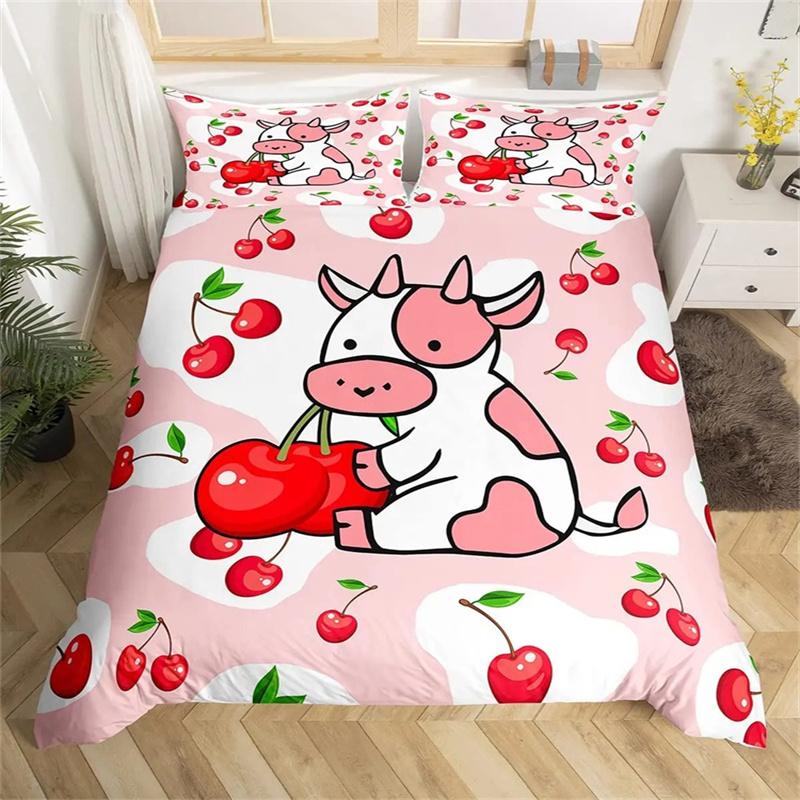 Süt İneği Turuncu Desenli Nevresim Kılıfı İnek Portakal Tutan Çizgi Film Meyve Hayvan Çocuk Kız Beyaz Polyester Yorgan Kılıfı Yatak Odası Dekoru