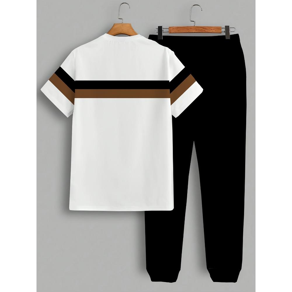 Handsome Men's Summer Stripe Printed Comfortable and Breathable Round Neck T-shirt Pants Set Outdoor Casual Clothing