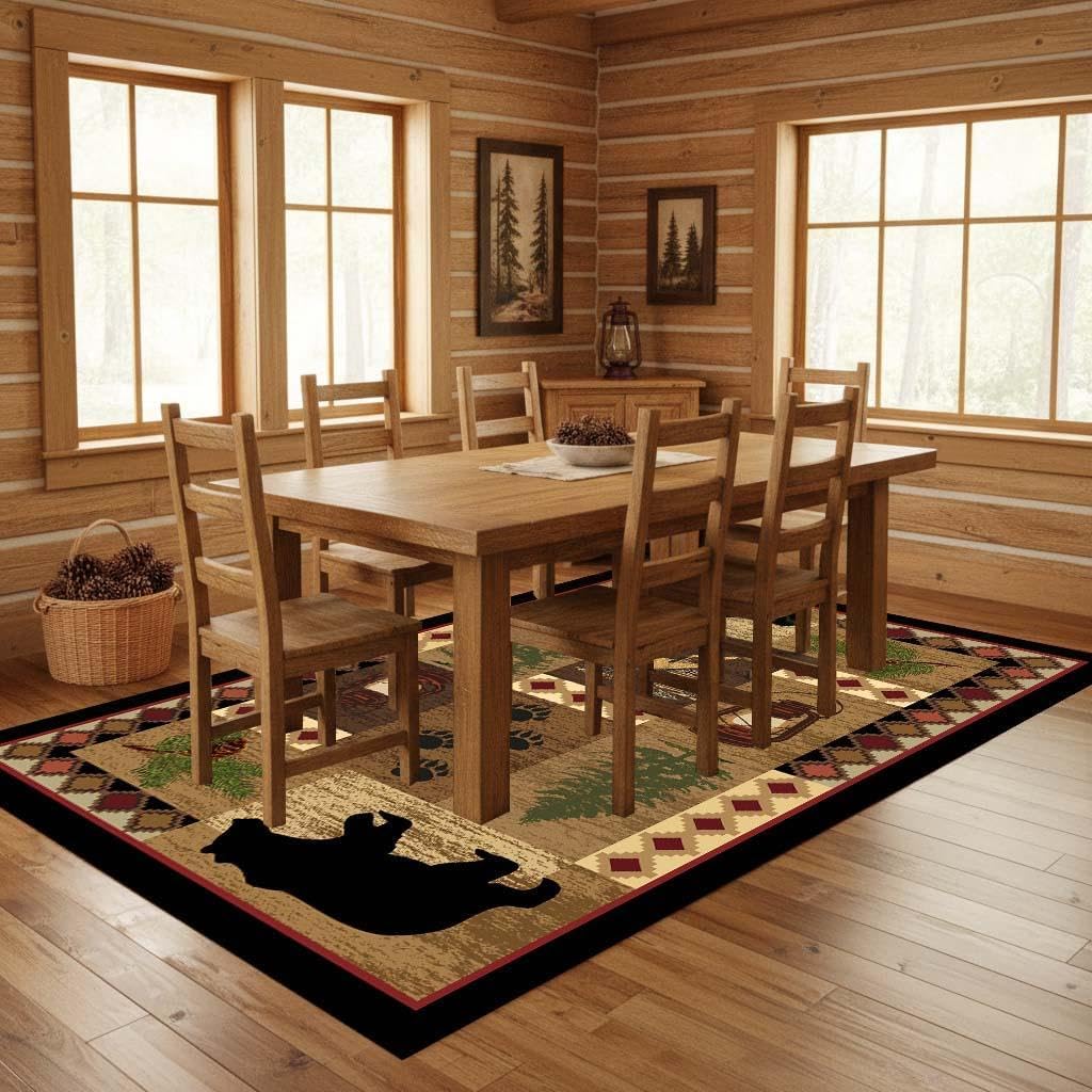 Vintage Wildlife Themed Rug, Bear & Pine Cabin Non-Slip Floor Mat for Bedroom Living Room Lodge Farmhouse Decor Carpet