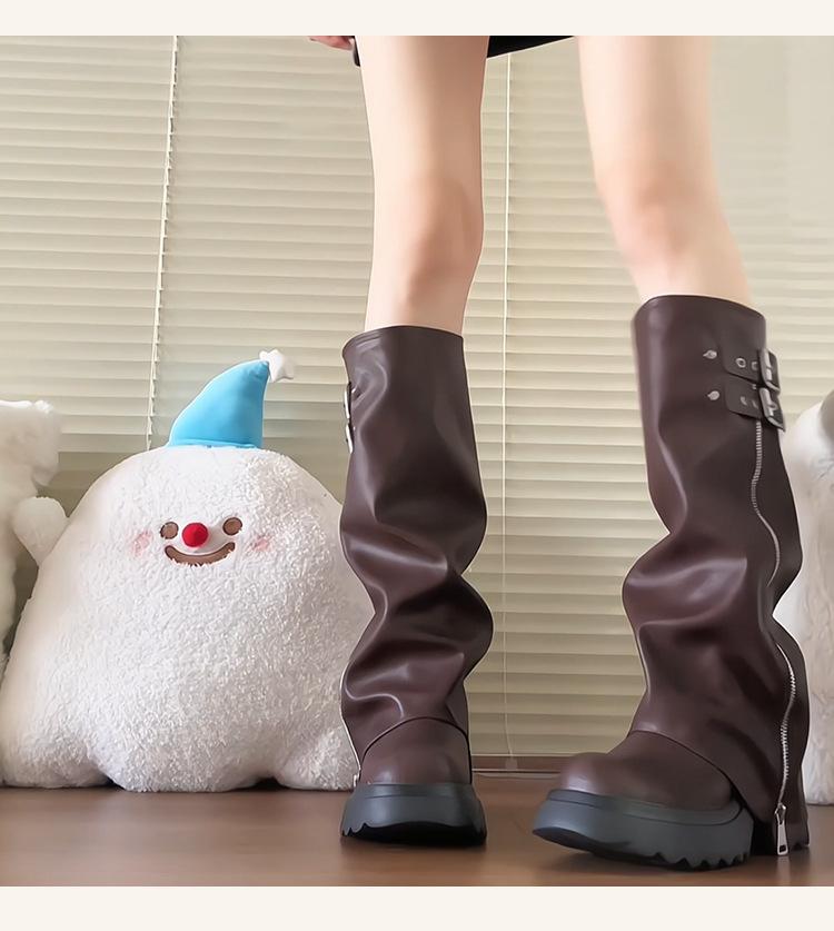 

Пикантные ботинки-трубы на толстой подошве для девушек, женские 2025 новые ботильоны, ботфорты до колена на молнии сбоку, высокие рыцарские сапоги 40 коричневый