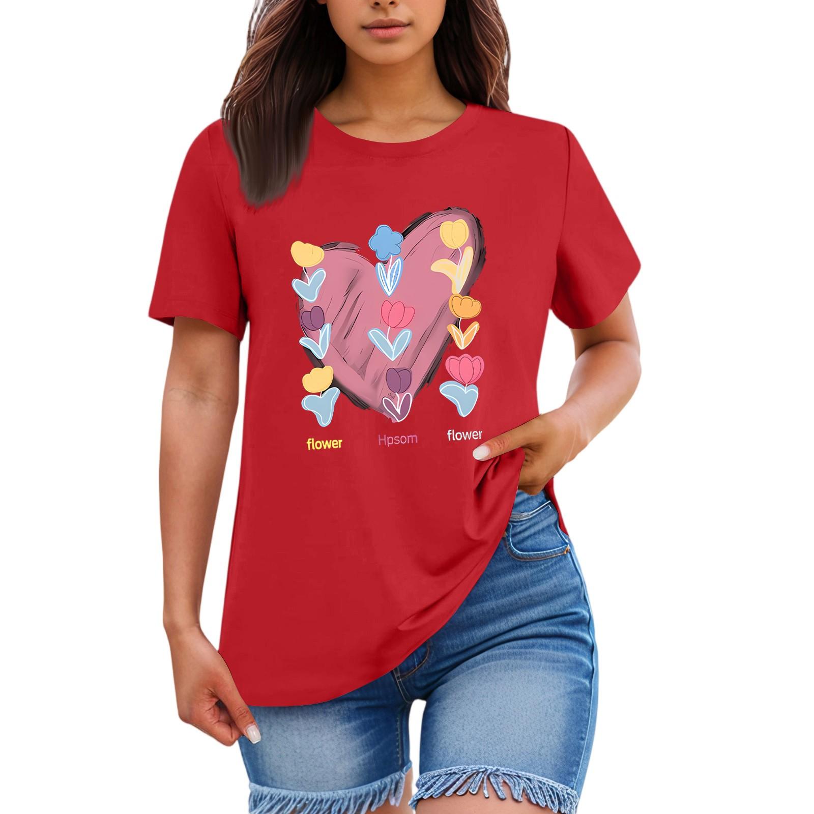 

Ladies Loose Comfortable Casual Fashionable Heart And Flower Hpsom character Pattern Printed Round Neck Short Sleeved Shirt L червоний