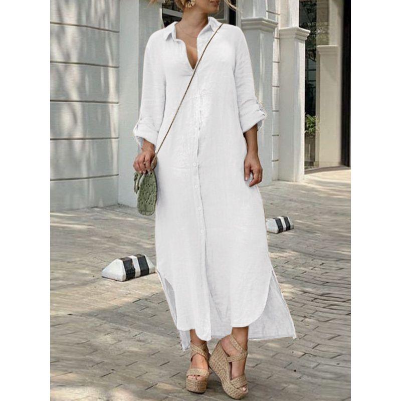 Cotton and Linen Button up Long Skirt Dress Cotton and Linen Button Dress
