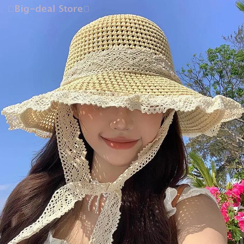 Women's Lace-Up Visor Straw Hat, Wide Large Brim, Foldable Sun Hat for Summer Beach, UV Protection Cap