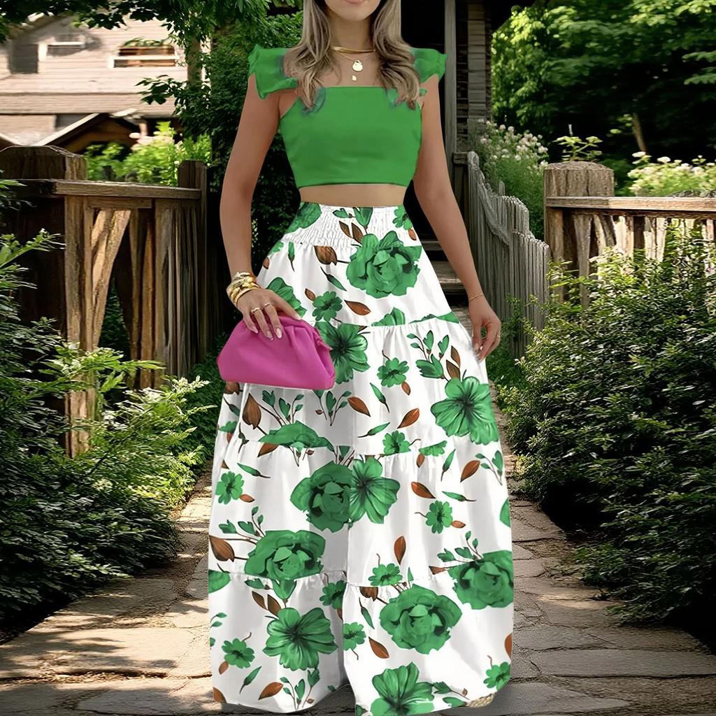 Women's Fashionable Casual Floral Print Elegant And Mid-Waist Strapless Wide-Skirt Two-Piece Dress Set