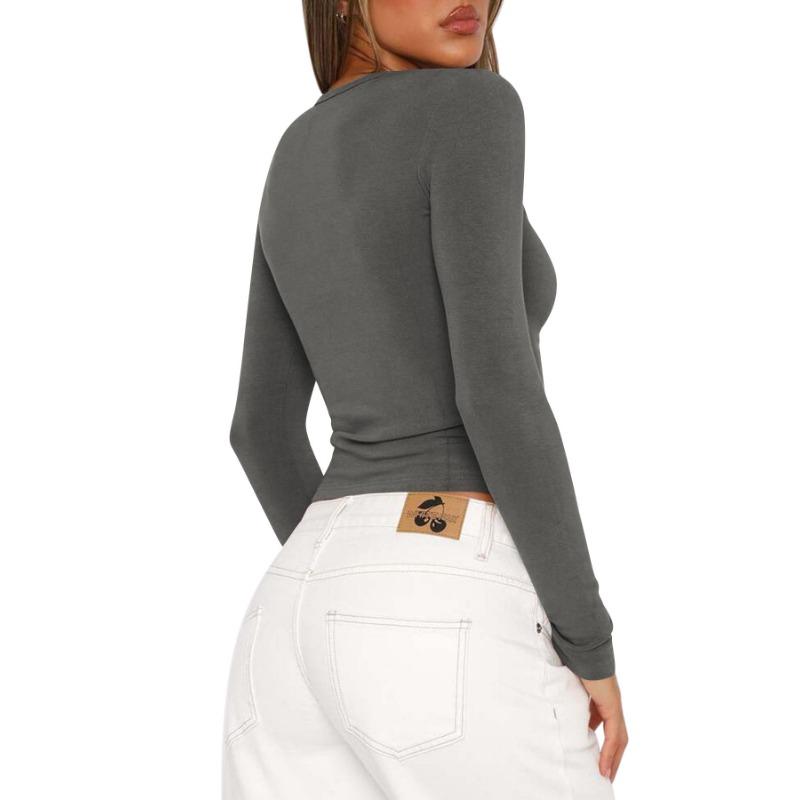 Jarní a podzimní dámský Y2K slim módní žebrovaný top s knoflíky a dlouhým rukávem