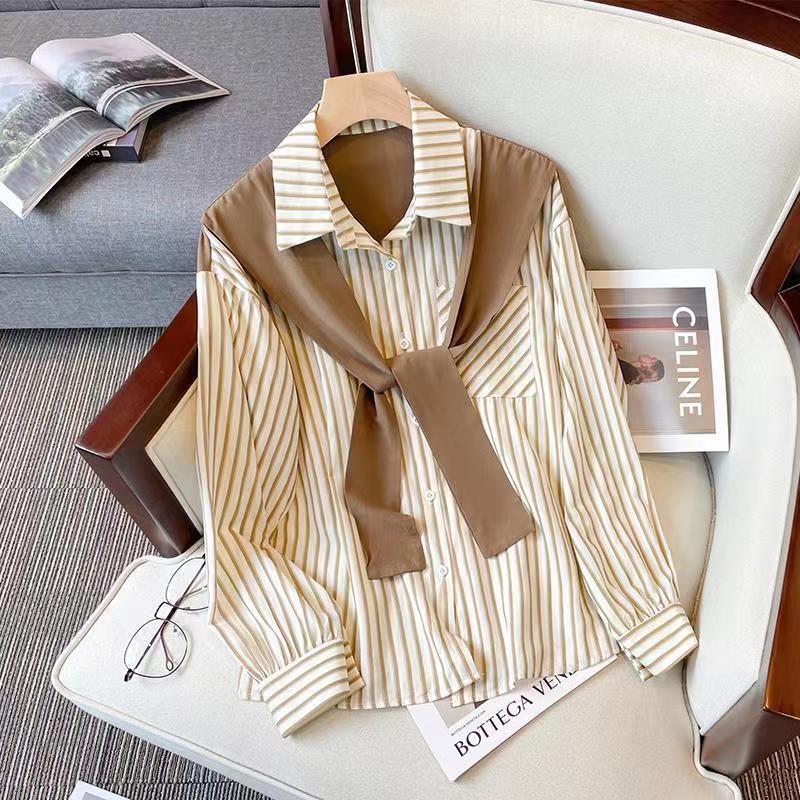 Vertical Striped Shirt for Women Spring Women's Loose Collared Long Sleeved Top