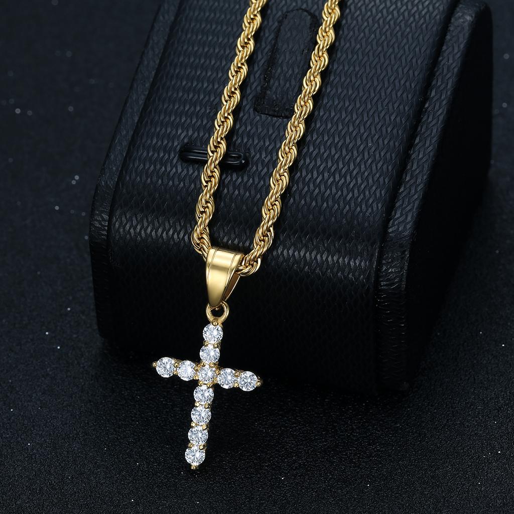 New Hip-Hop Accessories Titanium Steel Gold-Plated Zircon AAA Cross Pendant Necklace