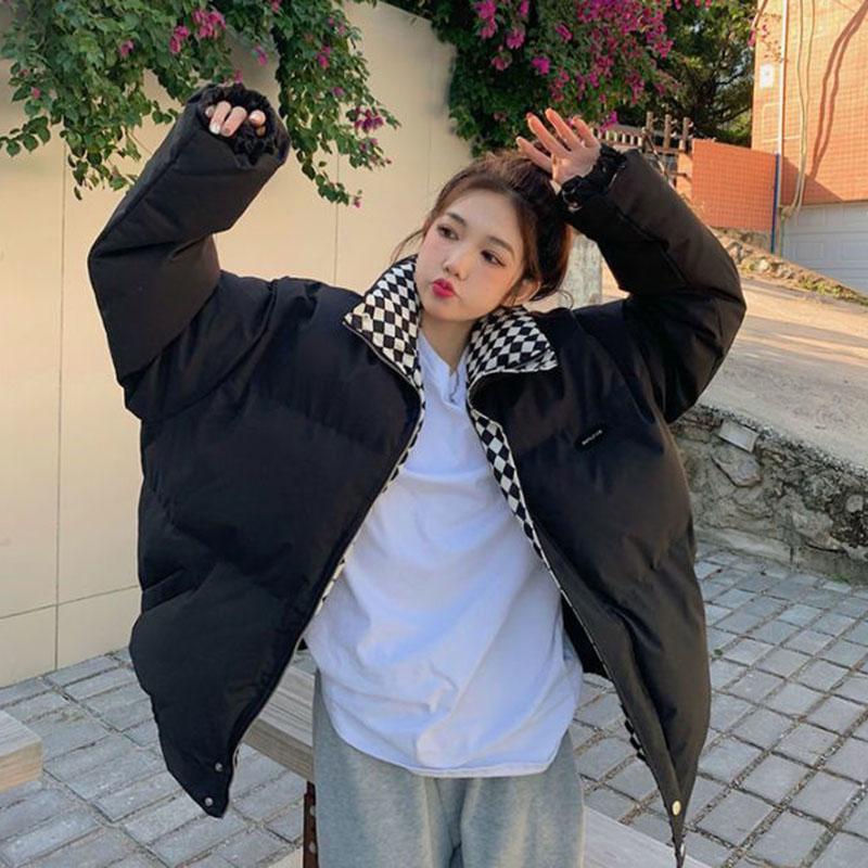 

Хлопковая куртка с шахматной доской, женская зимняя пуховая куртка, свободная утолщенная теплая хлопковая куртка M чёрный