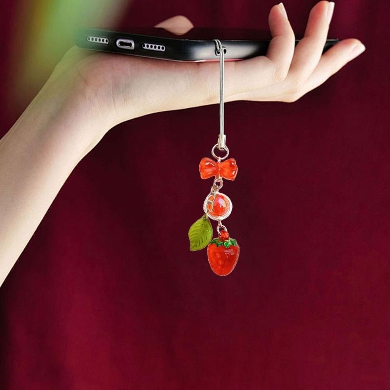 Stylish Acrylic Strawberry Green Leaf Phone Strap Mobile Hanging Decoration Charm for Decorative Fashion Use