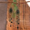 Turquoise Bohemian Owl Feather Tassel Earrings - Bronze Geometric Carved Design with Palm and Dreamcatcher Elements