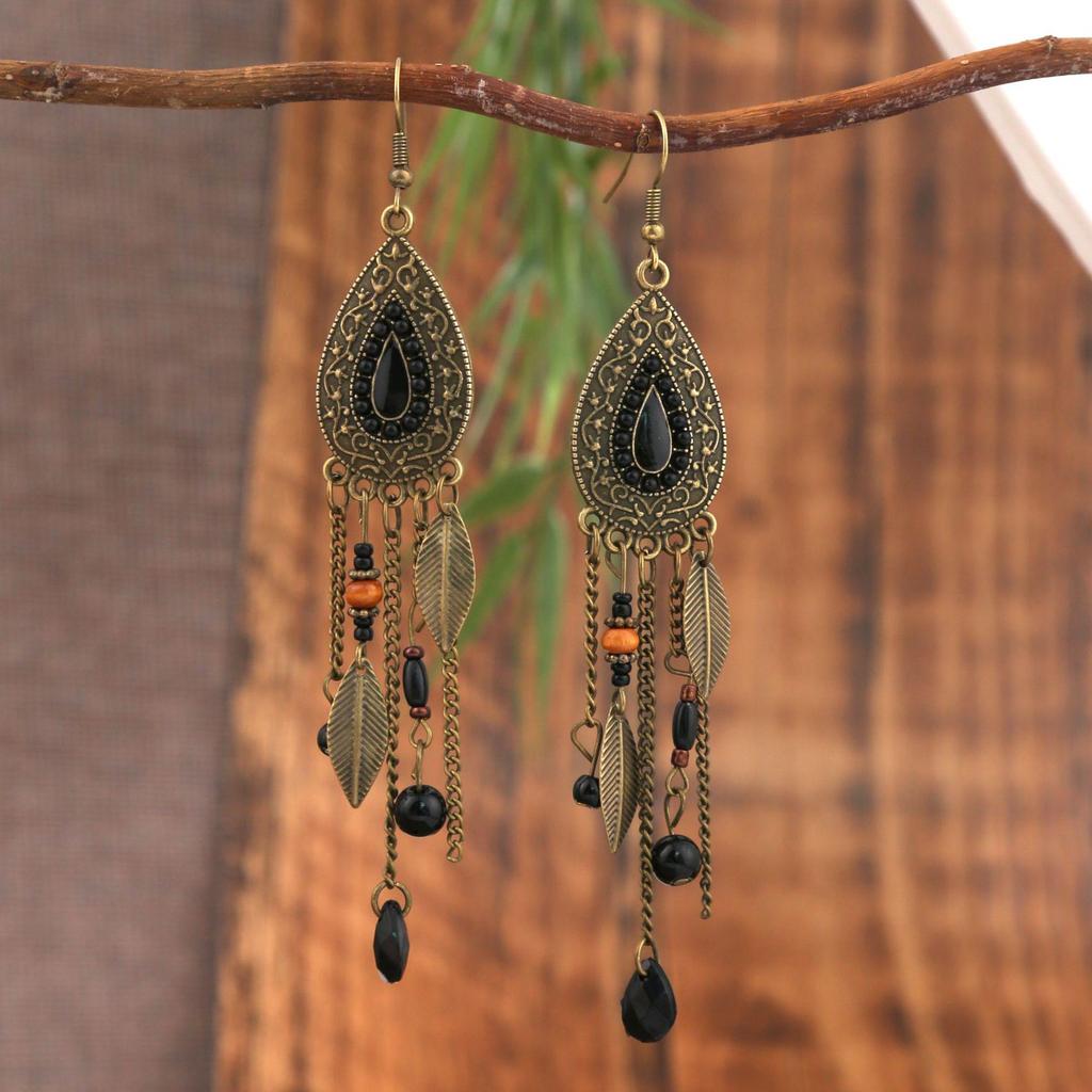 Turquoise Bohemian Owl Feather Tassel Earrings - Bronze Geometric Carved Design with Palm and Dreamcatcher Elements