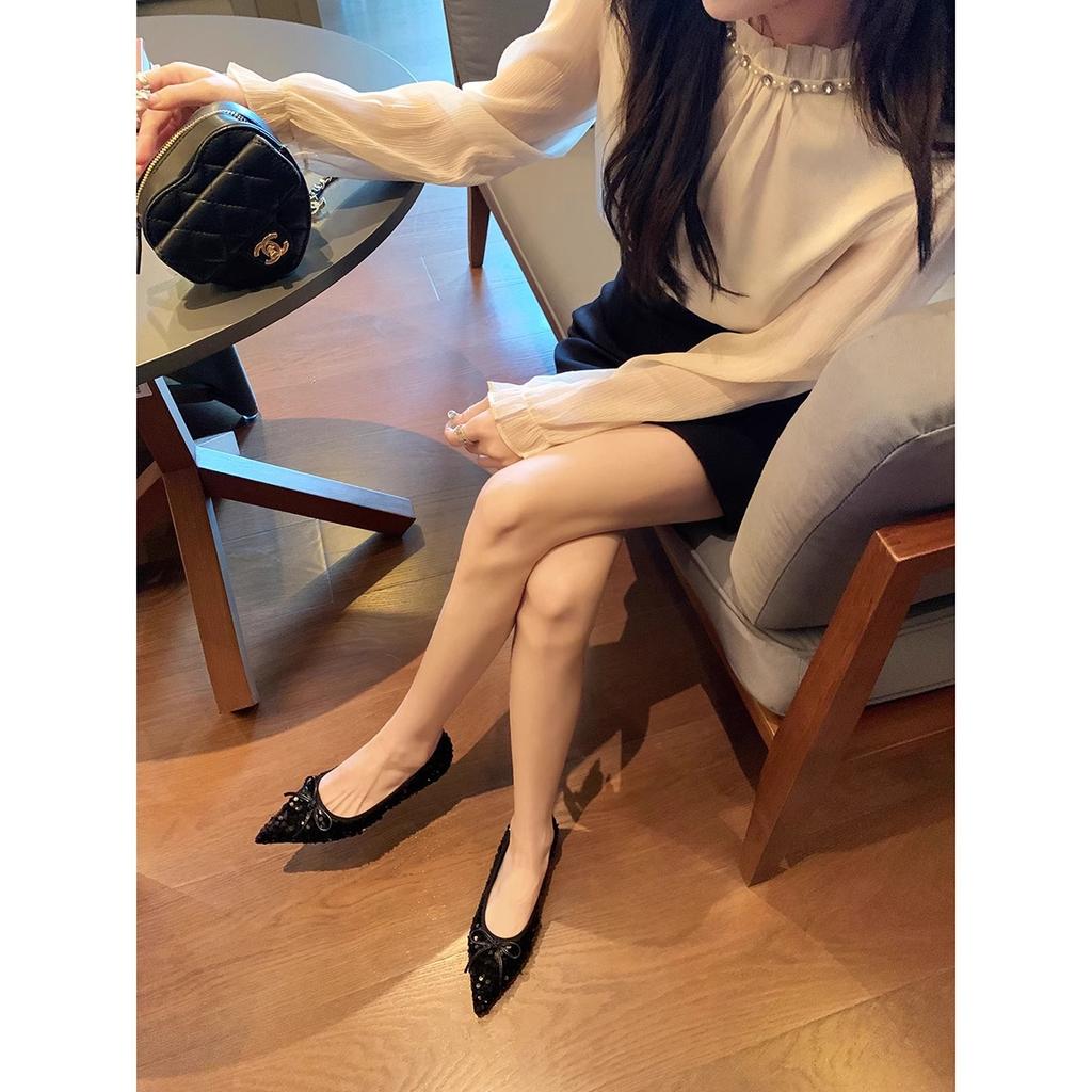 Sheepskin Version~ Sparkling Sequins Exquisite Small Pointed Head Shallow Mouth Soft Sole Dating Bow Single Shoes Women